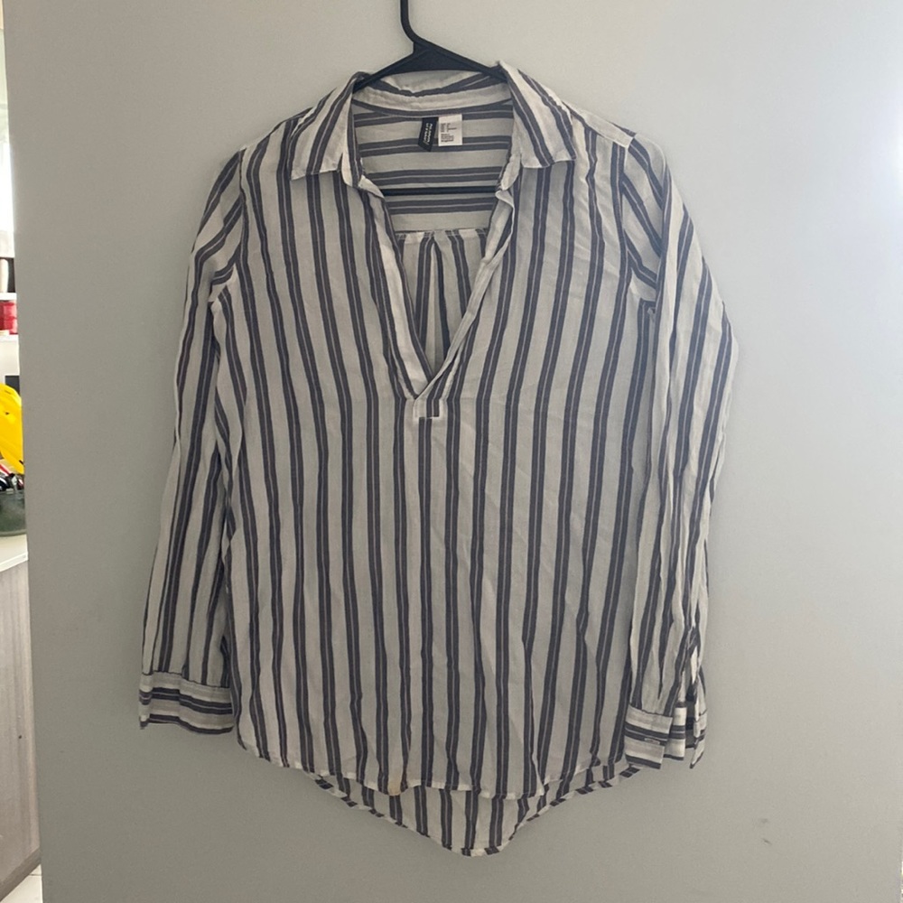 White, navy and pink striped cotton shirt